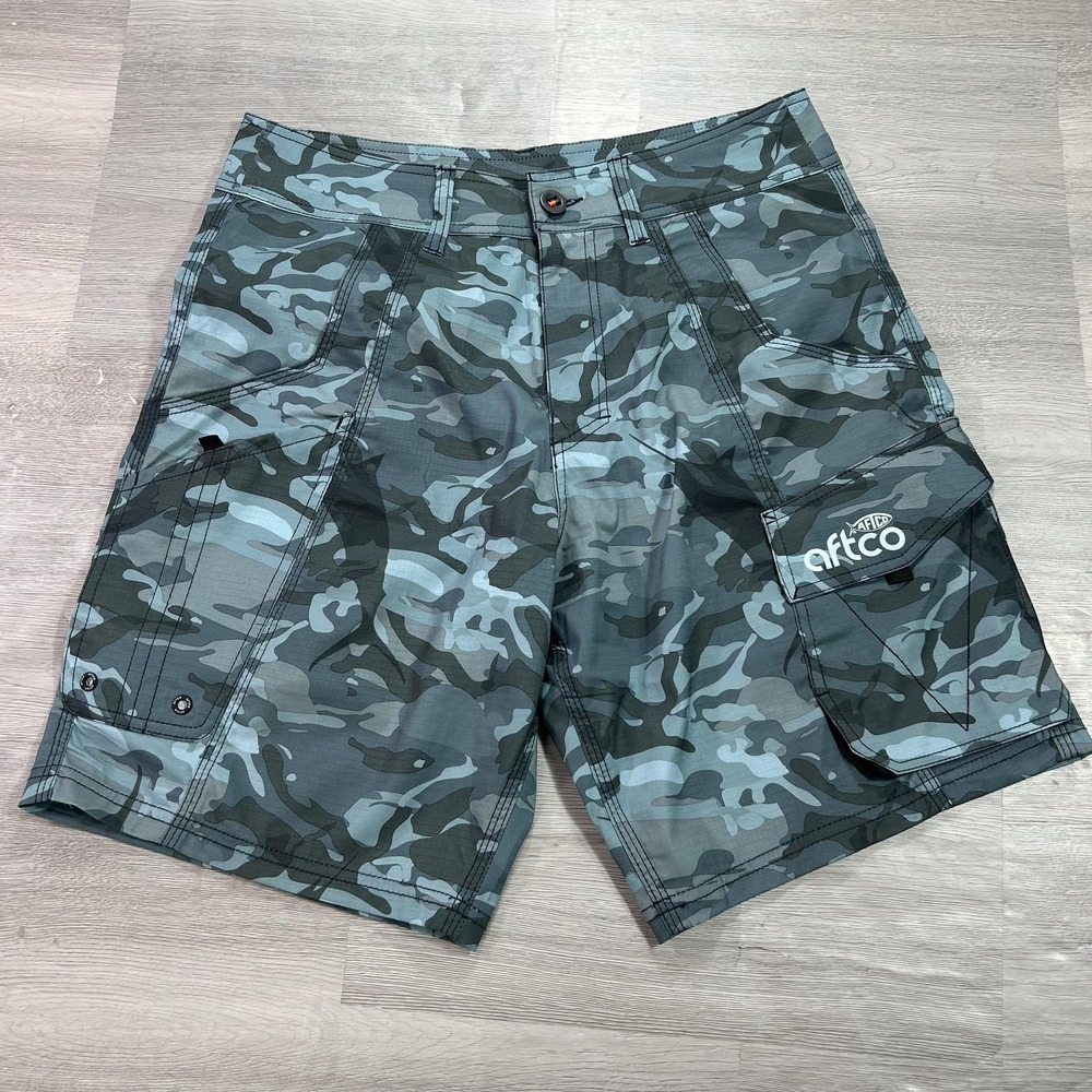 AFTCO Cargo Shorts Mens 30 Blue Camo Fishing Stretch Polyester Outdoor 10 Inseam